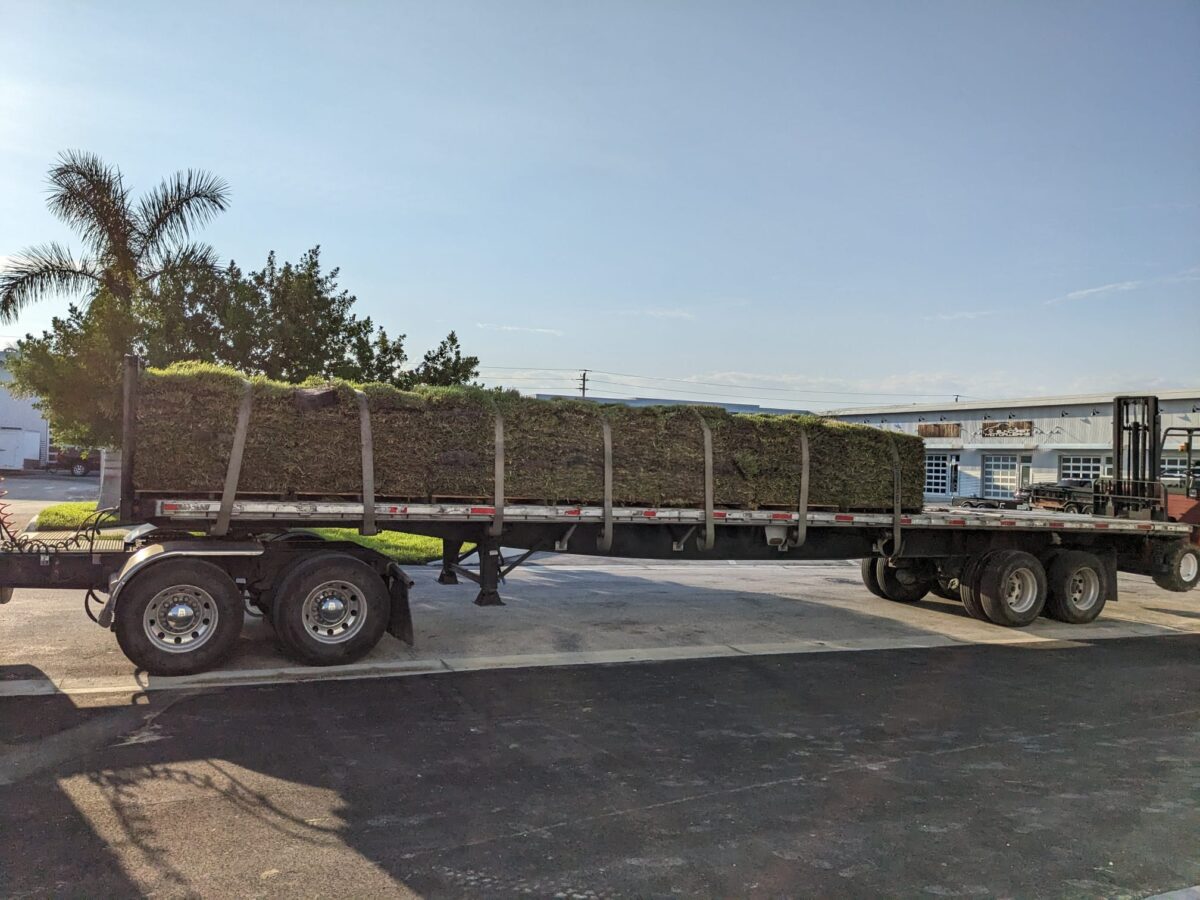 Sod delivery trailer loaded for a Suffolk County Long Island lawn project