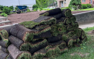 Sod rolls staged beside prepared soil for a Long Island residential sod installation project
